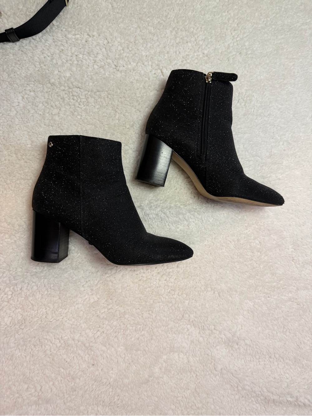 kate spade Black Sparkle Pointed Toe Ankle Boots with Block Heel
